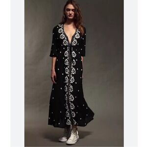 Free People Fable‎ Black Floral Embroidered Maxi Dress Boho Gypsy Festival XS